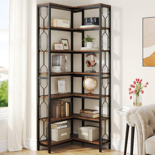 Corner Shelf, 7-Tier Industrial Corner Bookshelf, Wood and Metal Etagere Bookcase, Freestanding Display Shelf for Living Room, Kitchen, Home Office, Rustic Brown