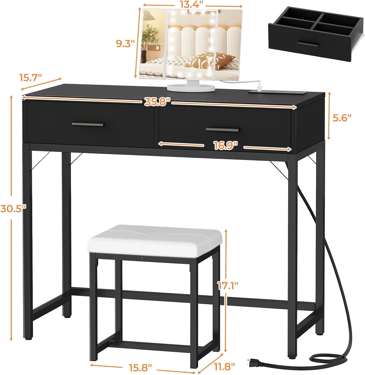 Vanity Desk, Vanity Desk with Mirror and Light, Small Vanitys Set with Drawers, Makeup Desk with Power Outlets, 36'' Makeup Vanitys with Stool, Dressing Table, Black