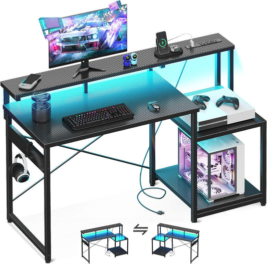 Computer Desk, 48 Inch Gaming Desk with Led Lights & Power Outlet, Office Desk with Storage Shelves, Reversible Desk with Monitor Shelf & Headphone Hook, Carbon Fiber Black