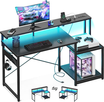 Computer Desk, 48 Inch Gaming Desk with Led Lights & Power Outlet, Office Desk with Storage Shelves, Reversible Desk with Monitor Shelf & Headphone Hook, Carbon Fiber Black