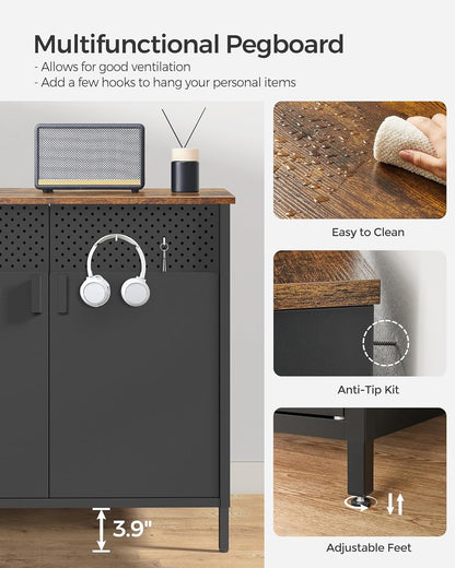 Storage Cabinet, Metal Cabinet, Sideboard with 2 Doors, 15.7 X 31.5 X 29.9 Inches, Magnetic Closure, Adjustable Shelf, Steel Frame, Rustic Brown and Black ULSC102B01