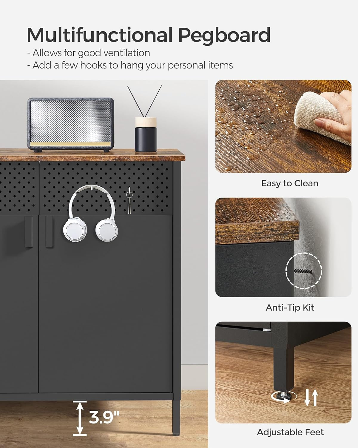 Storage Cabinet, Metal Cabinet, Sideboard with 2 Doors, 15.7 X 31.5 X 29.9 Inches, Magnetic Closure, Adjustable Shelf, Steel Frame, Rustic Brown and Black ULSC102B01