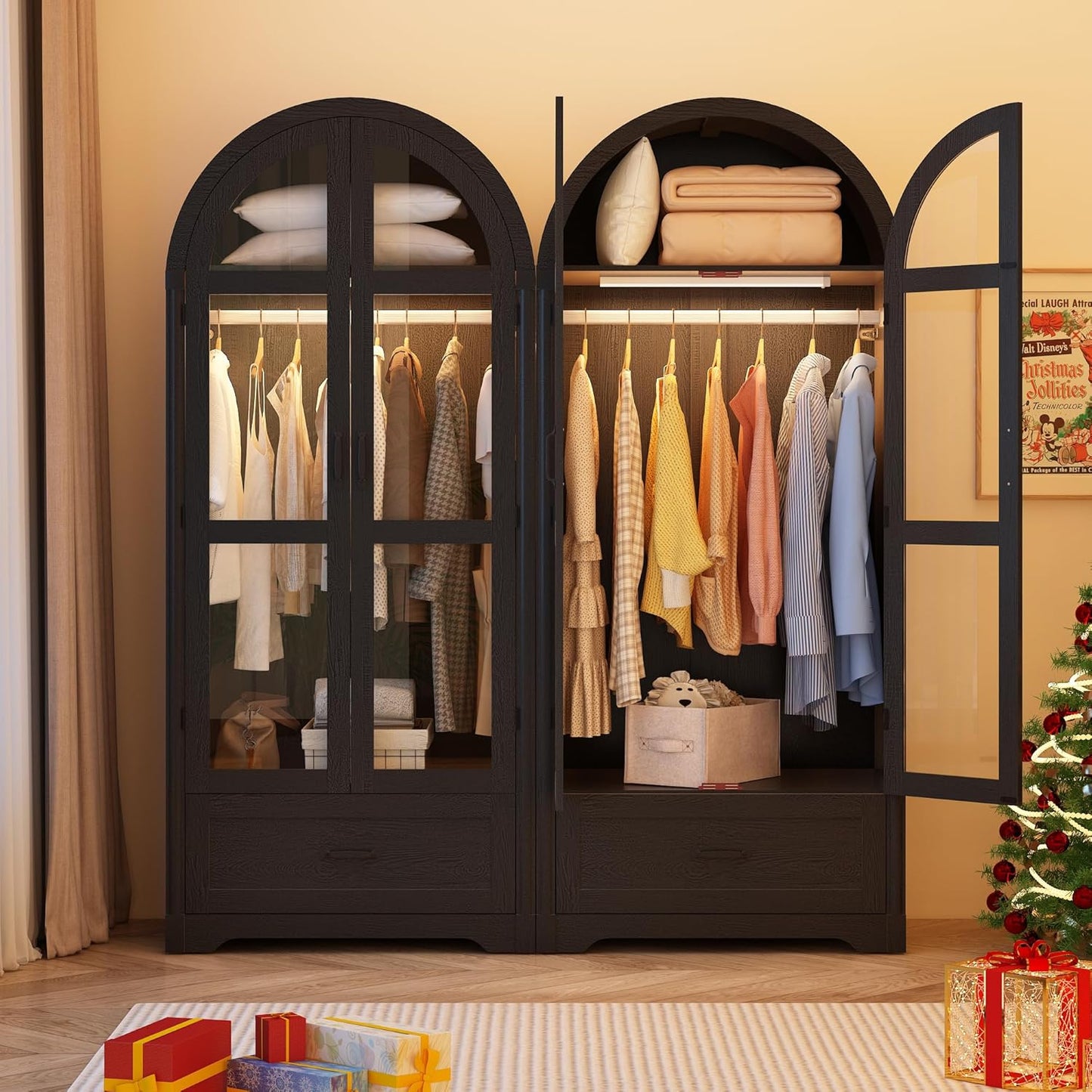 2 Doors Arched  W/Drawers,Led Light,Wooden Closet Wardrobe Cabinet with Hanging Rod for Bedroom,Modern Armoire Storage Cabinet W/Shelf,Black