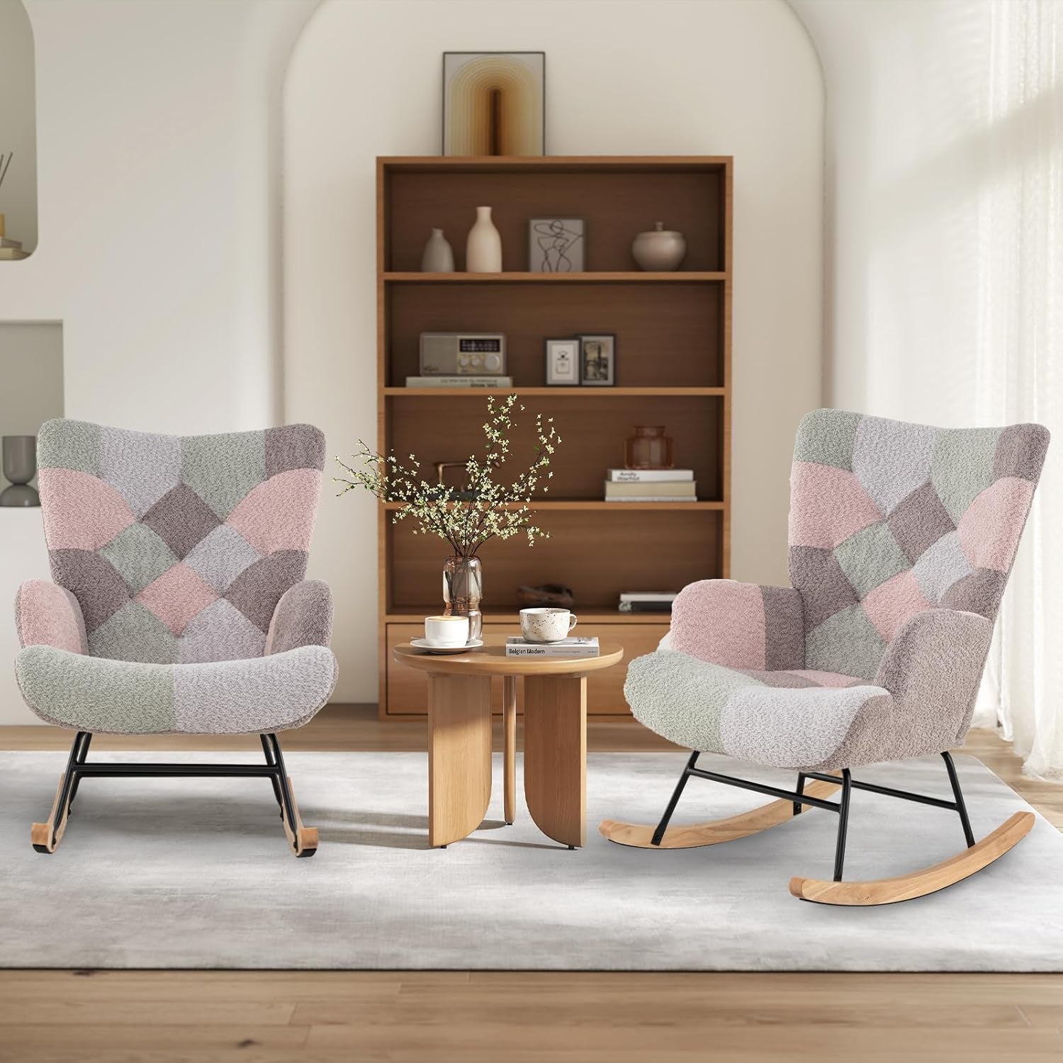 Rocking Chair Nursery, Boucle Upholstered Glider Rocker W/Ergonomic High Backrest, Rubber Wood Legs & Side Pocket, Patchwork Modern Accent Chair for Bedroom, Living Room, Offices