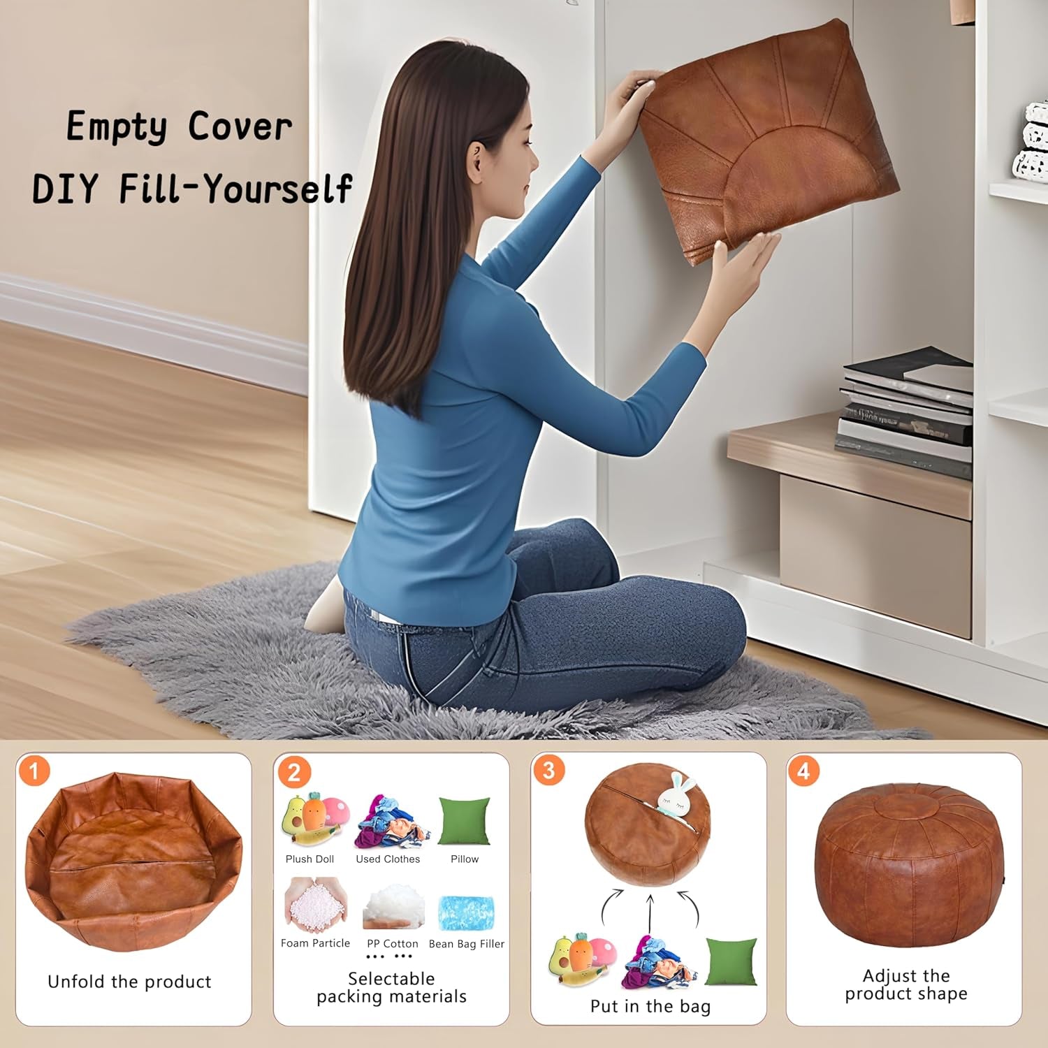 Unstuffed Moroccan Storage Pouf Foot Stool Ottoman Seat Handmade Faux Leather Bean Bag Floor Chair Foot Rest for Living Room, Bedroom or Balcony (Light Brown)