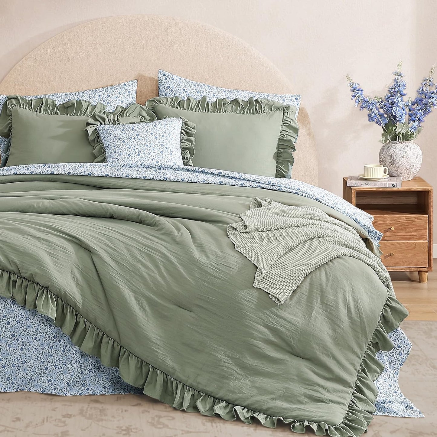 Queen Comforter Set - 7 Pieces Ruffle Sage Green Bedding Sets, Shabby Chic Farmhouse Bed in a Bag Queen with Ruffle Comforter, Floral Sheets, Pillowcases & Shams