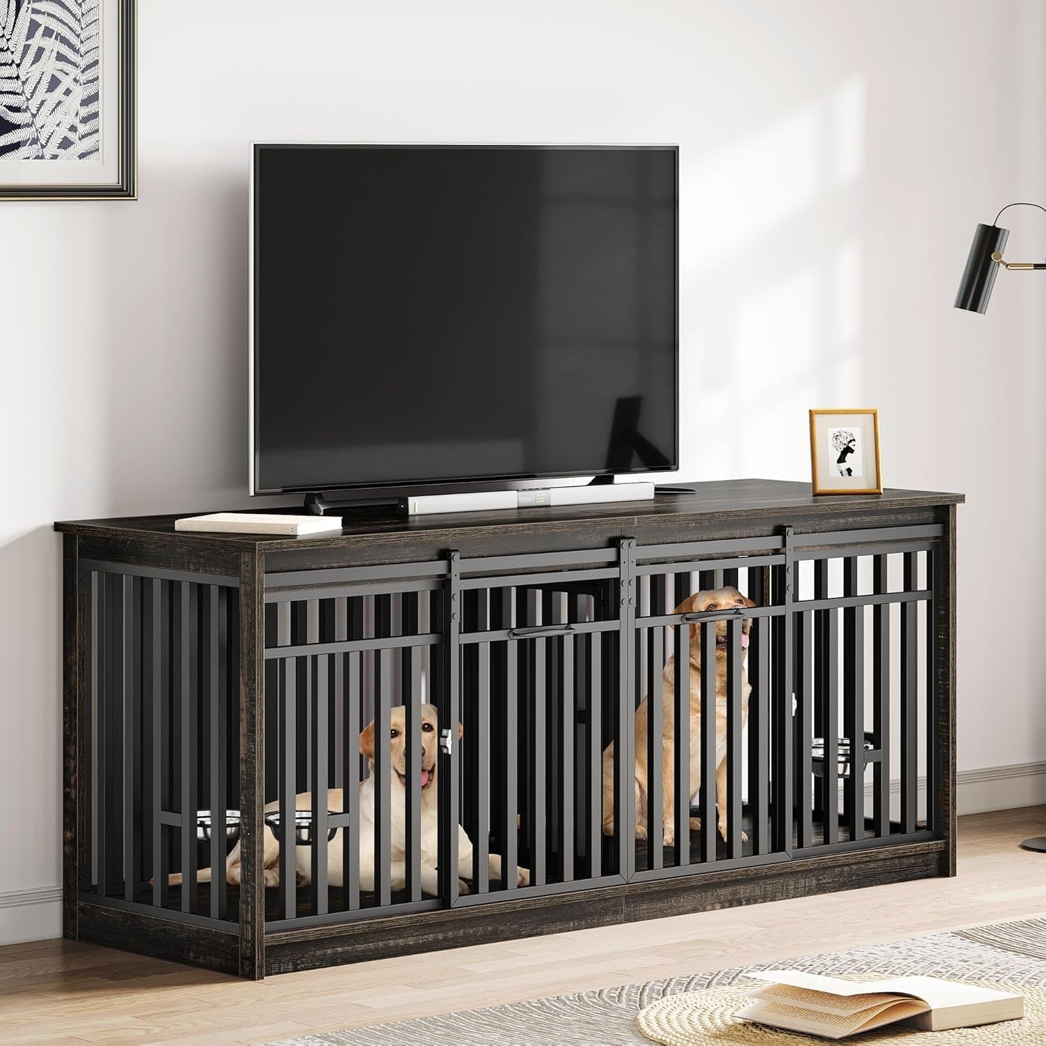 71 Inch Double Dog Crate Furniture for 2 Dogs, Heavy Duty Wooden Crate TV Stand with 4 Bowls, Dog Kennel Indoor Furniture Sliding Barn Door Design for Extra Large Dogs, Black Oak