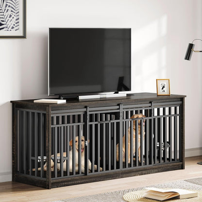 71 Inch Double Dog Crate Furniture for 2 Dogs, Heavy Duty Wooden Crate TV Stand with 4 Bowls, Dog Kennel Indoor Furniture Sliding Barn Door Design for Extra Large Dogs, Black Oak