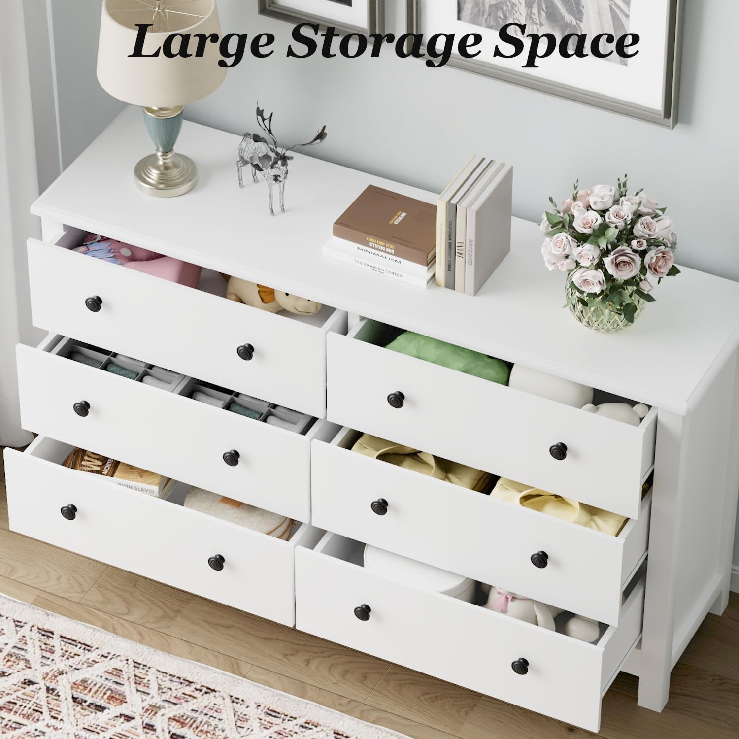 White Dresser, Modern 6 Drawer Double Dresser for Bedroom with Black Knobs, Adults & Kids Wide Dressers & Chests of Drawers for Hallway, Entryway