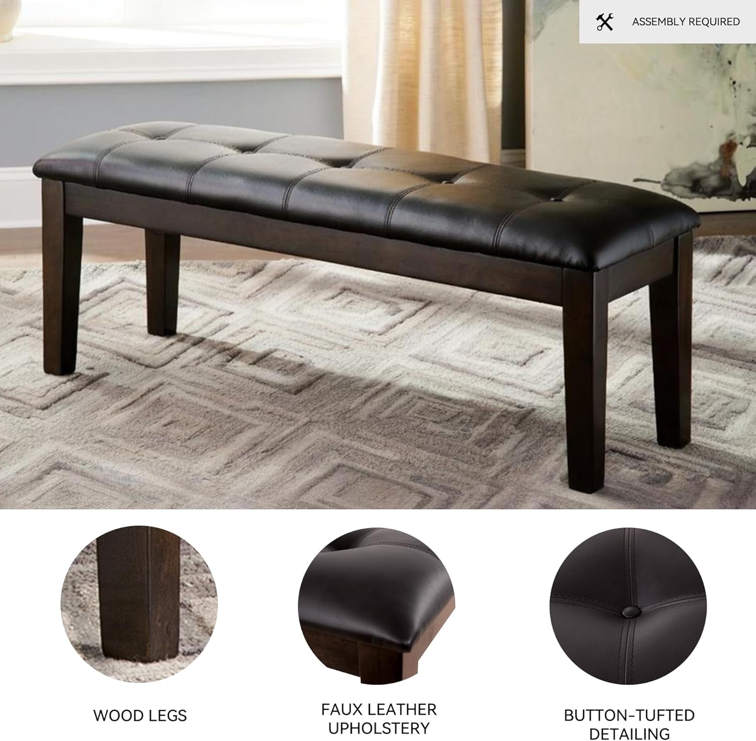 Haddigan Traditional Upholstered Dining Room Bench, Dark Brown