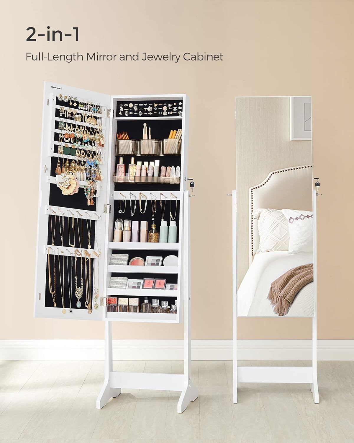 Jewelry Cabinet Armoire, Freestanding Lockable Storage Organizer Unit with 2 Plastic Cosmetic Storage, Full-Length Frameless Mirror, for Necklace Earring, White UJJC002W01