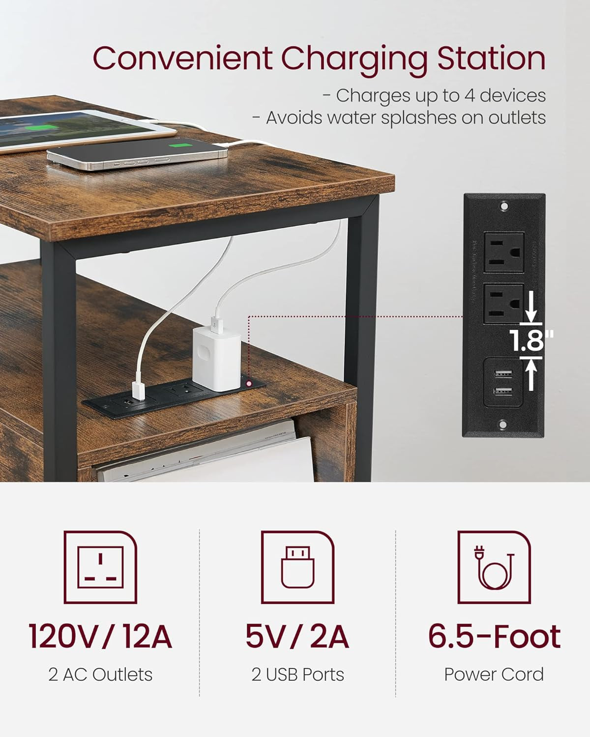 Side Table with Charging Station, Narrow End Table with 2 Drawers, Slim Nightstand and Bedside Table with Storage, for Small Spaces, Rustic Brown + Black