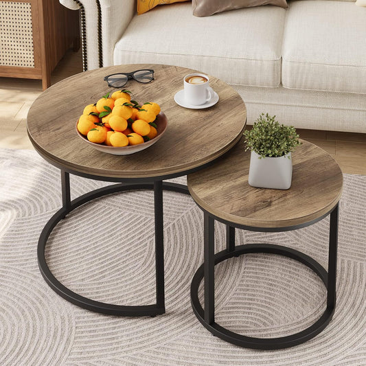 Nesting Coffee Table Set of 2, 23.6" round Coffee Table Wood Grain Top with Adjustable Non-Slip Feet, Industrial End Table Side Tables for Living Room Bedroom Balcony Yard