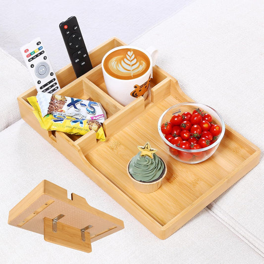 Couch Tray Insert for Middle,Bamboo 15.3″X9.8″ Sofa 2 Cups Holder Table between Couch Cushions,Fit Armless Couch/Sectional, 2-In-1 Fold-Flat Tray for Drink Snack Remote Holder