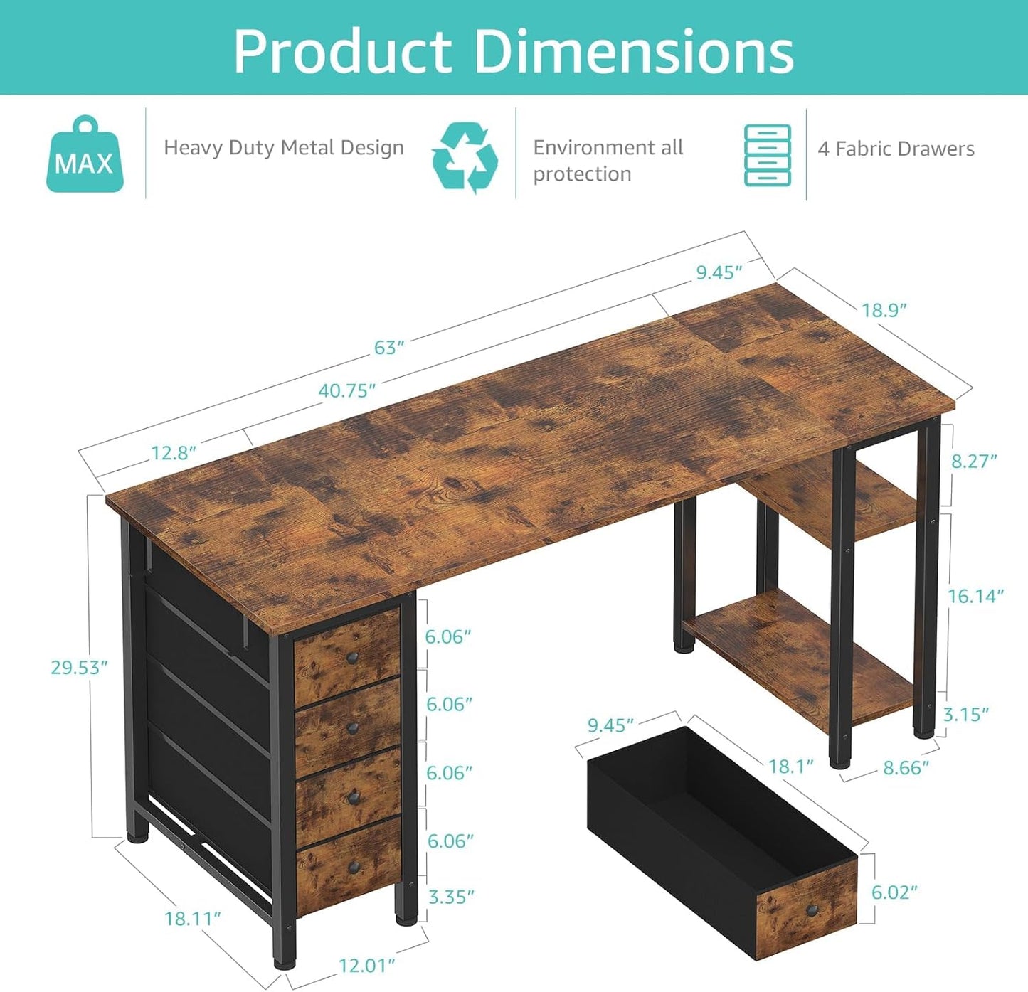 63 Inch Computer Desk with 4 Fabric Drawers & Storage Shelves, Writing Work Study Desk for Home Office Bedroom, Modern Simple Student PC Desks Table, Rustic Brown