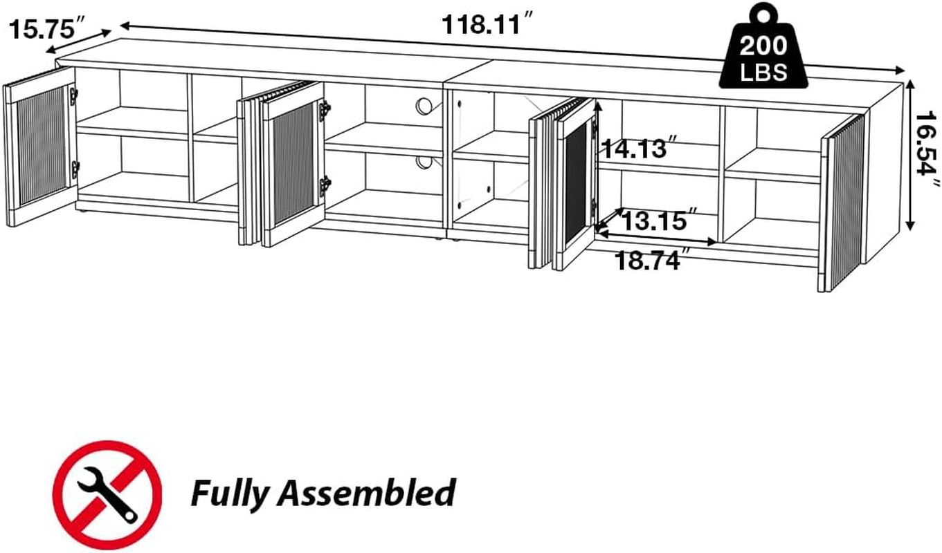 Full Assembled Mid Century Modern TV Stand, 118” Extra-Large Entertainment Center for 100 Inch TV, Wood Slatted TV Media Console with Storage for Living Room Bedroom