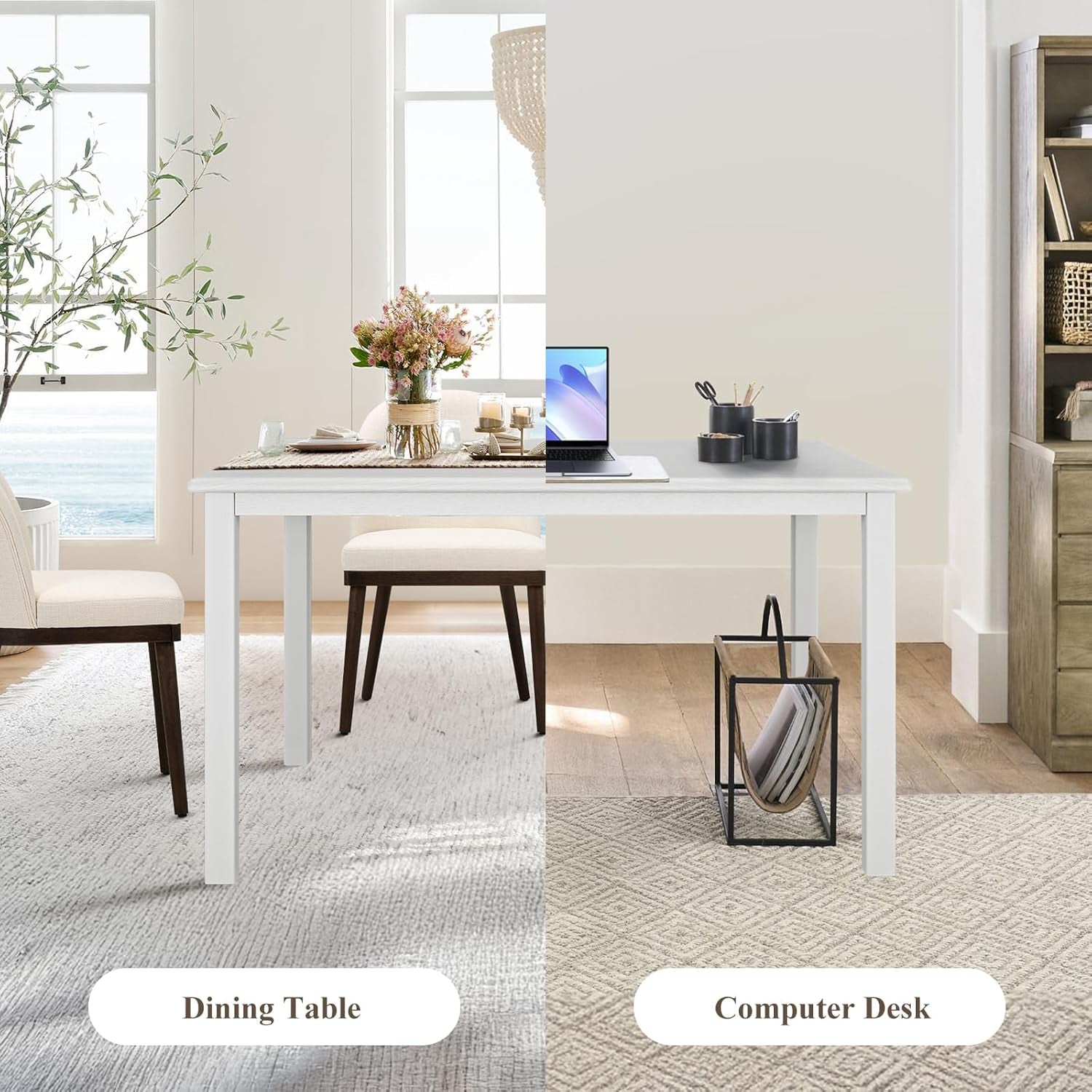 Wooden Dining Table for 6, Rectangle 60 Inch Kitchen Table with Wood Legs, Farmhouse Dinner Table for Dining Room, White