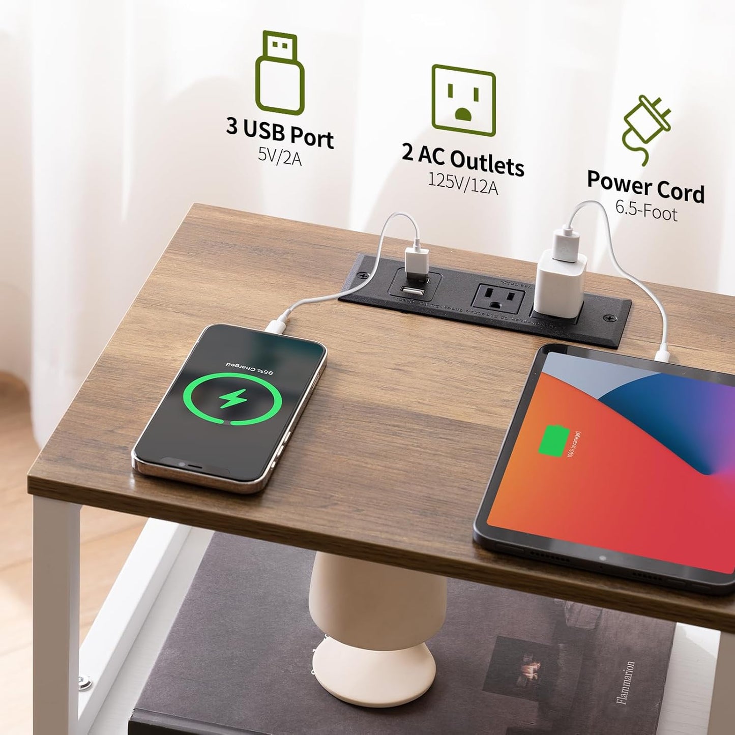 Farmhouse Nightstand with Charging Station, Wood Night Stand End with USB Ports, LED Bed Side Table with Storage Cabinet, Bedside Table for Bedroom, Living Room White