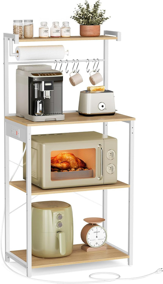 Kitchen Bakers Rack with Power Outlet, Coffee Bar 4-Tier with 8 S Hooks, Microwave Stand, Adjustable Shelf, for Small Spaces, Golden Oak and Cloud White UKKS014Y01V1