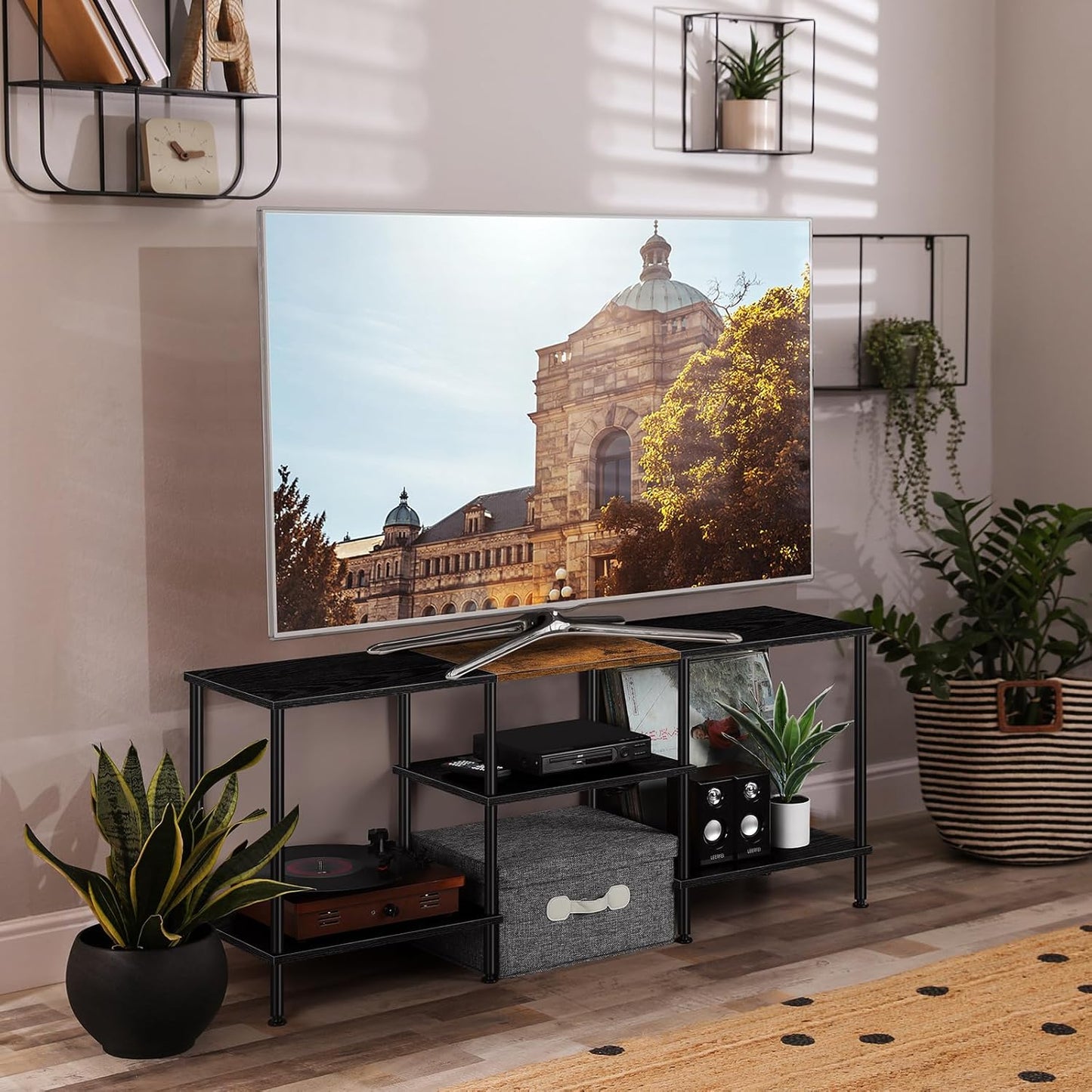 TV Stands for Living Room 50 Inch TV Stand with Power Outlet Entertainment Center with Storage 3 Tier TV Console Table for 50 43 40 32 Inch TV, Black