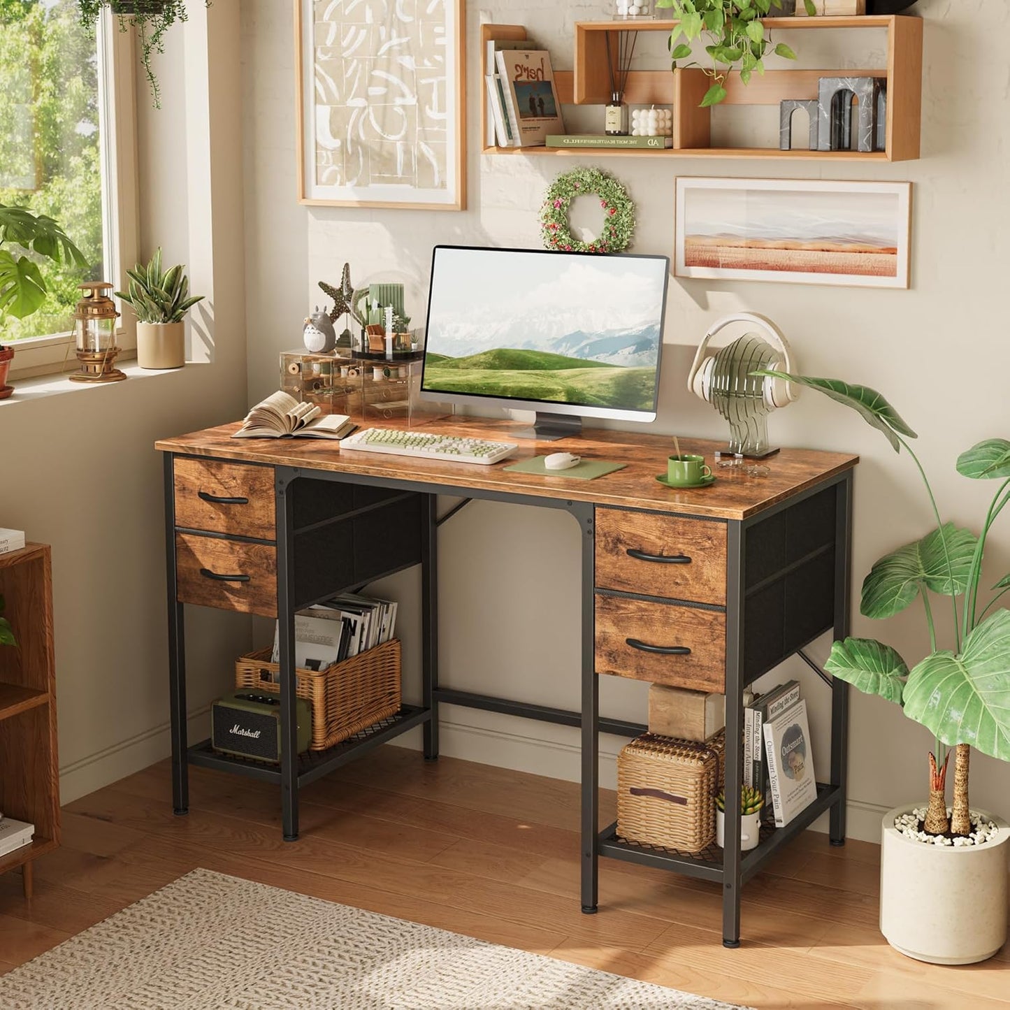 47 Inch Computer Desk with 4 Drawers, Office Desk with Mesh Shelf, Gaming Desk, Large Storage, Writing Work Desk for Home Office, Study, Bedroom, Work from Home, Rustic Brown
