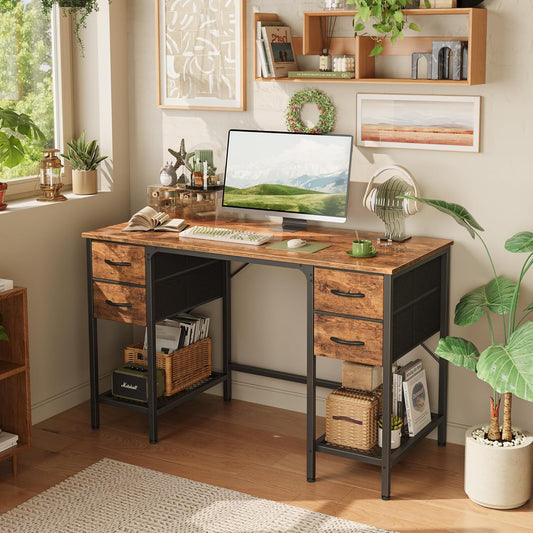 47 Inch Computer Desk with 4 Drawers, Office Desk with Mesh Shelf, Gaming Desk, Large Storage, Writing Work Desk for Home Office, Study, Bedroom, Work from Home, Rustic Brown