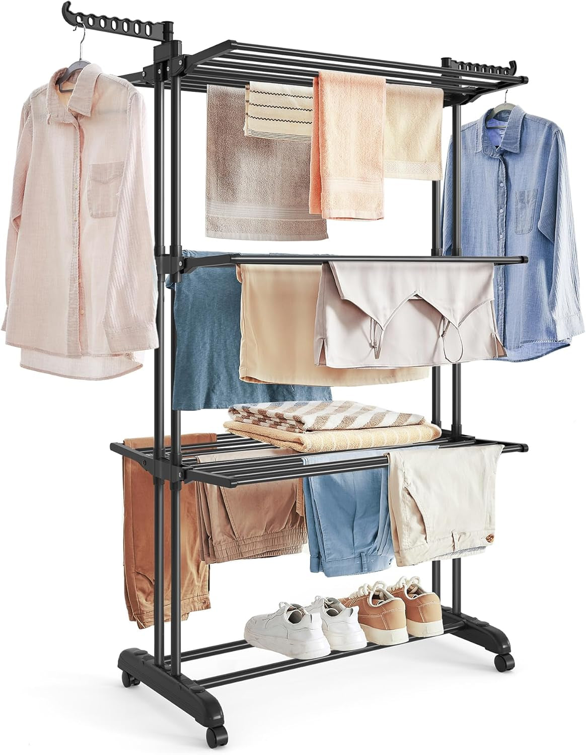 Clothes Drying Rack Stand 4-Tier, Foldable Laundry Drying Rack 68.1-Inch Tall, Stainless Steel, Rolling Clothes Horses Dryer Rack, Easy to Assemble, Indoor Outdoor Use, Cloud White ULLR701W03