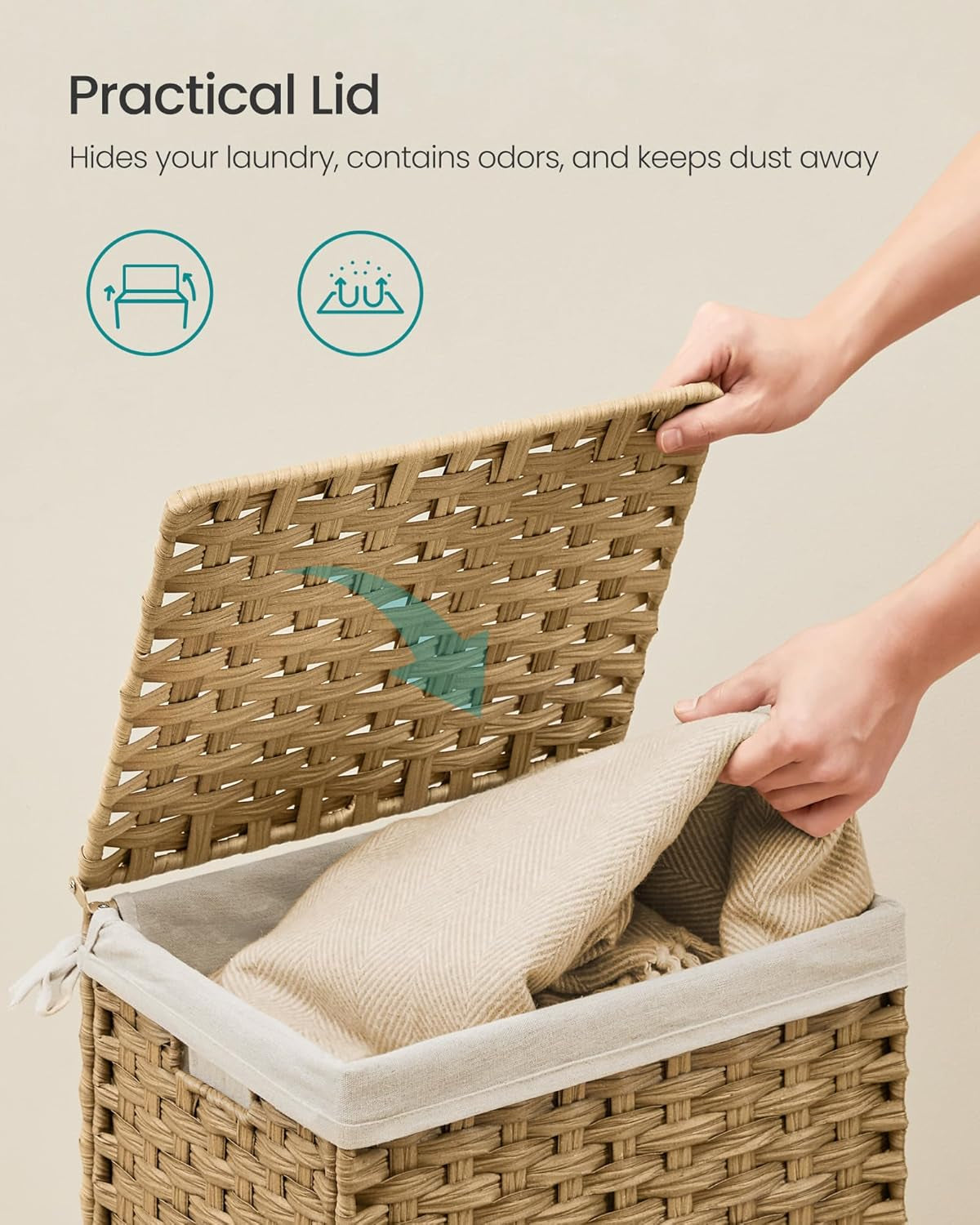 Storage Basket with Lid, Woven Blanket Storage Bin with Handles, Foldable, Removable Liner, Metal Frame, for Bedroom, Laundry Room, 9.2 Gallons (35 L), Natural URST040YE01
