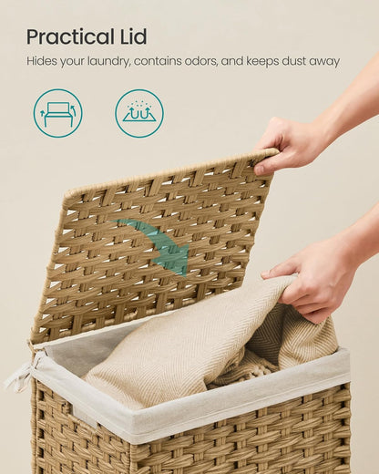 Storage Basket with Lid, Woven Blanket Storage Bin with Handles, Foldable, Removable Liner, Metal Frame, for Bedroom, Laundry Room, 9.2 Gallons (35 L), Natural URST040YE01