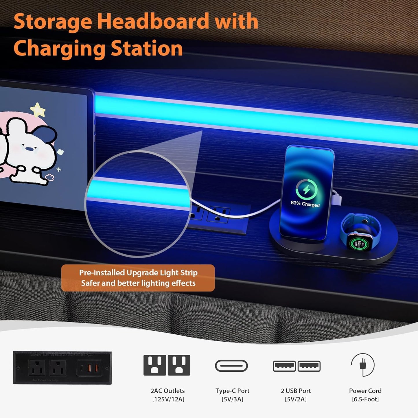 Daybed with Trundle and LED Light, Heavy Duty Metal Twin Bed Frame with Upholstered Storage Headboard & Charging Station, Day Bed Pop up Trundle Bed Twin for Living Room,Bedroom and Guest Room, Black