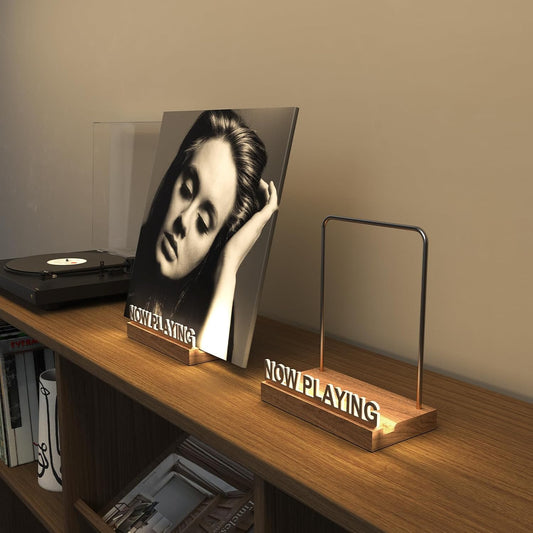 Now Playing Vinyl Record Stand, Light up Vinyl Record Display Stand, Holder for Album Display Storage, Warm White Light with Fingerprint-Proof Acrylic Letters (Silver Letters)