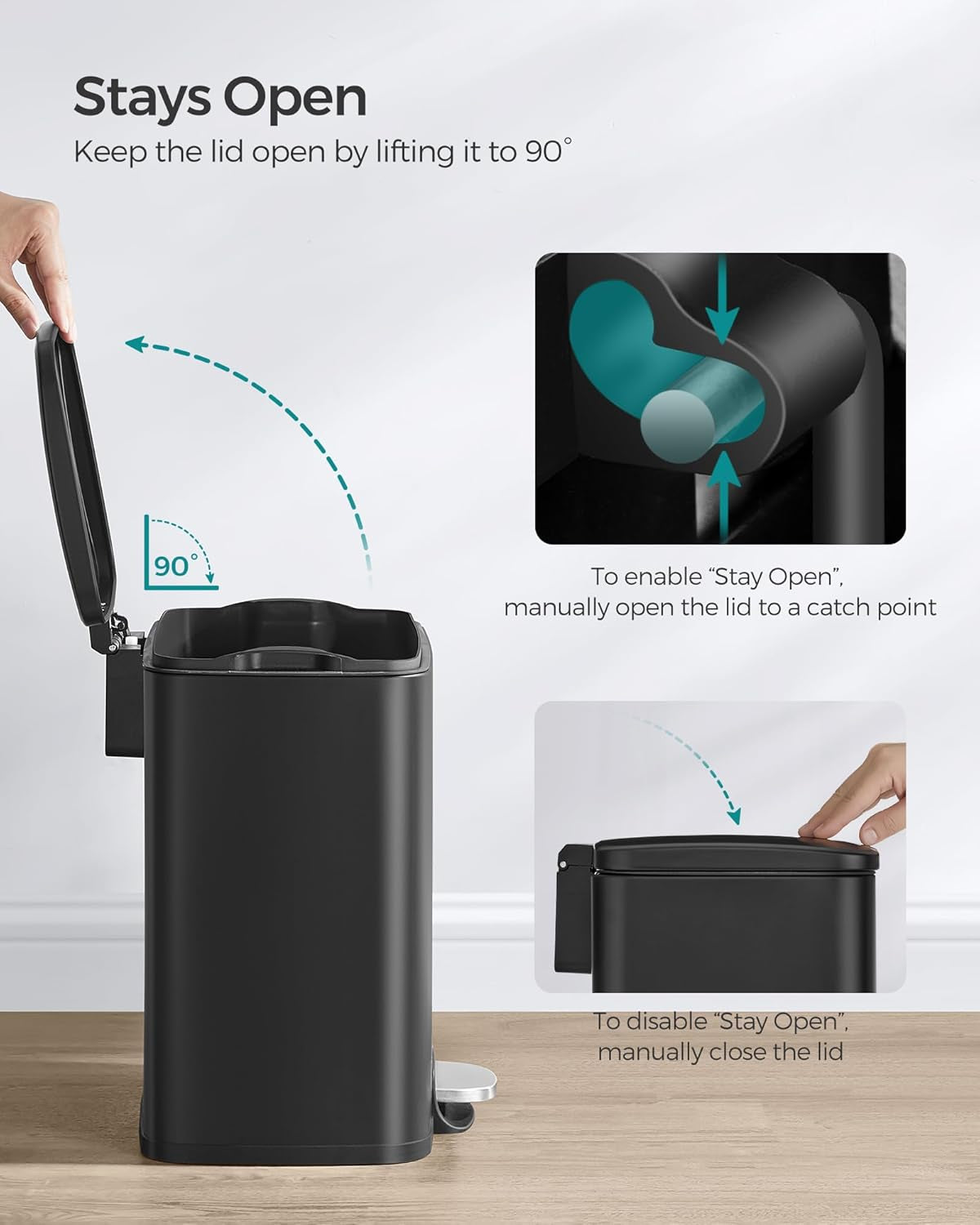 Trash Can, Garbage Can with Lid, 5.2-Gallon (20L) Step Trash Bin for Kitchen, Stainless Steel, Soft Close and Stays Open, Inner Bucket, Includes 15 Trash Bags, Black ULTB543B01