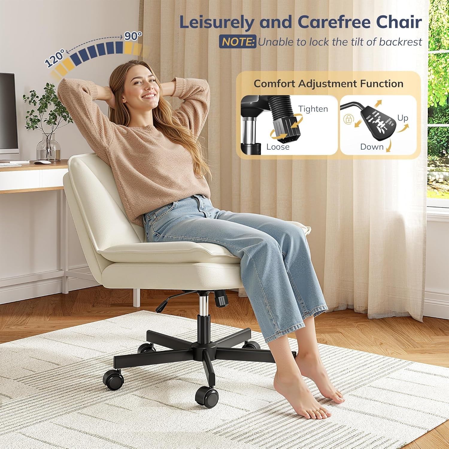 Criss Cross Chair with Wheels,Cross Legged Office Chair with 2 Layer Comfty Leather & Back,Armless Wide Vanity Chair for Home Office,Beige