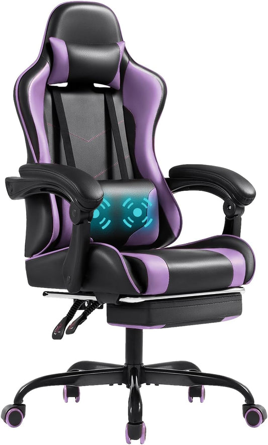 Gaming Chair with Footrest and Massage Lumbar Support, Ergonomic Computer Chairs 360°Swivel and Height Adjustable Seat with Headrest for Office or Bedroom, Study Room, Black