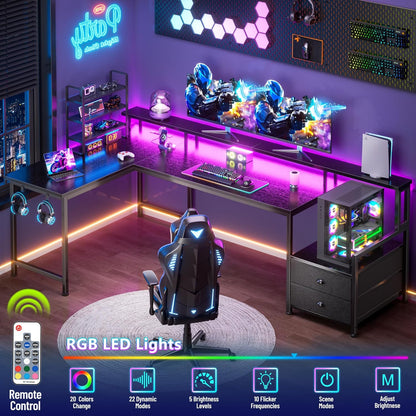 66'' L Shaped Gaming Desk with Drawers and Storage Shelves, Reversible Corner Desk with Power Outlets and Host Stand, Large Computer Desk with Led Lights for Gaming, Work, Home Office, Black