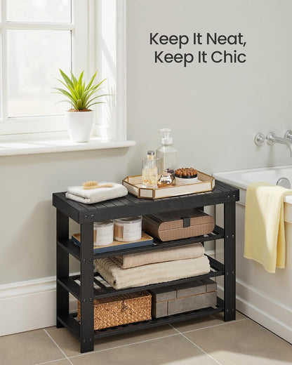 Shoe Rack Bench, 4 Tier Bamboo Shoe Storage Organizer, Entryway Bench, for Living Room, Bathroom, Bedroom, 11.3 X 27.6 X 20.5 Inches, Ink Black ULBS370BH01