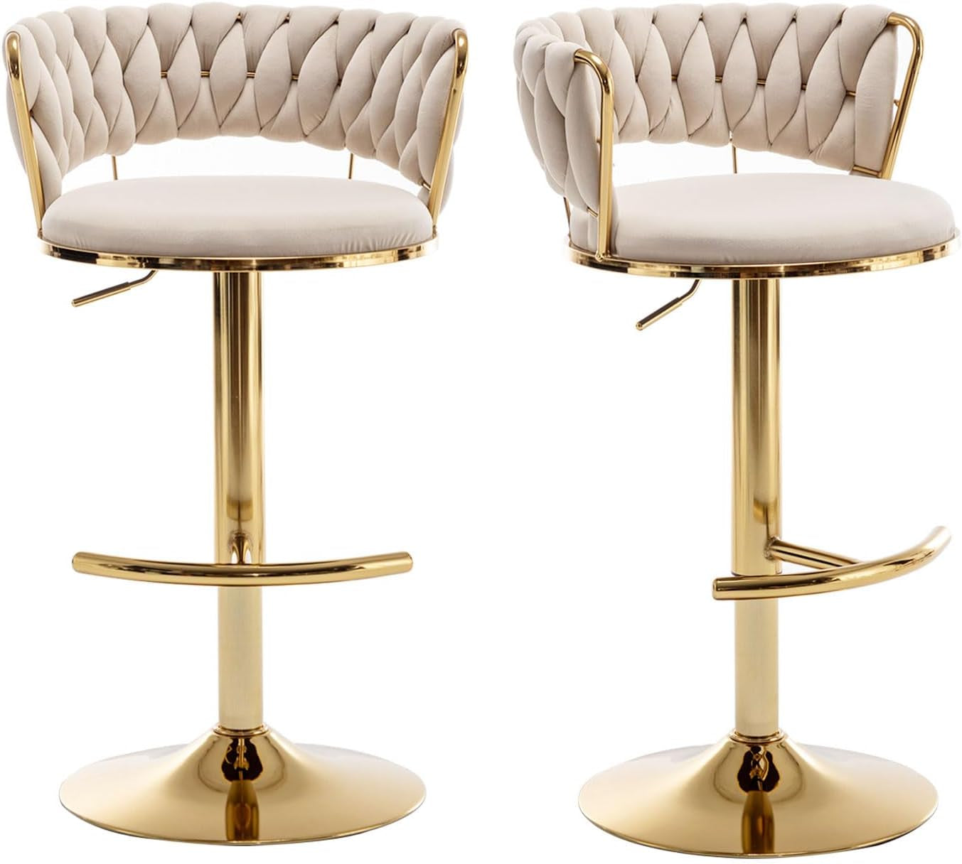 Velvet Bar Stools Set of 2, Counter Height Barstools with Low Back, Gold Swivel Bar Stool for Kitchen Island, Pub (Beige)
