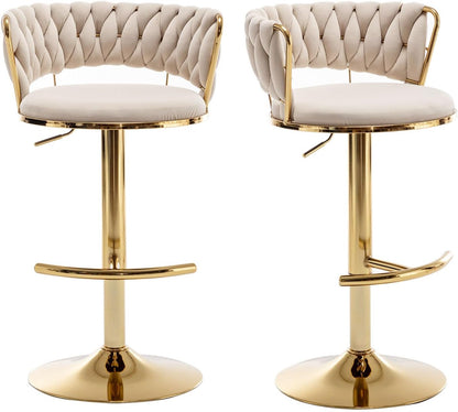 Velvet Bar Stools Set of 2, Counter Height Barstools with Low Back, Gold Swivel Bar Stool for Kitchen Island, Pub (Beige)