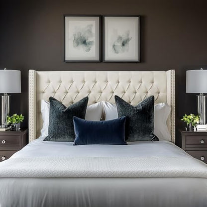 Amelia Upholstered Headboard | Nail Head Trim Wingback Button Tufted | Queen, Cream
