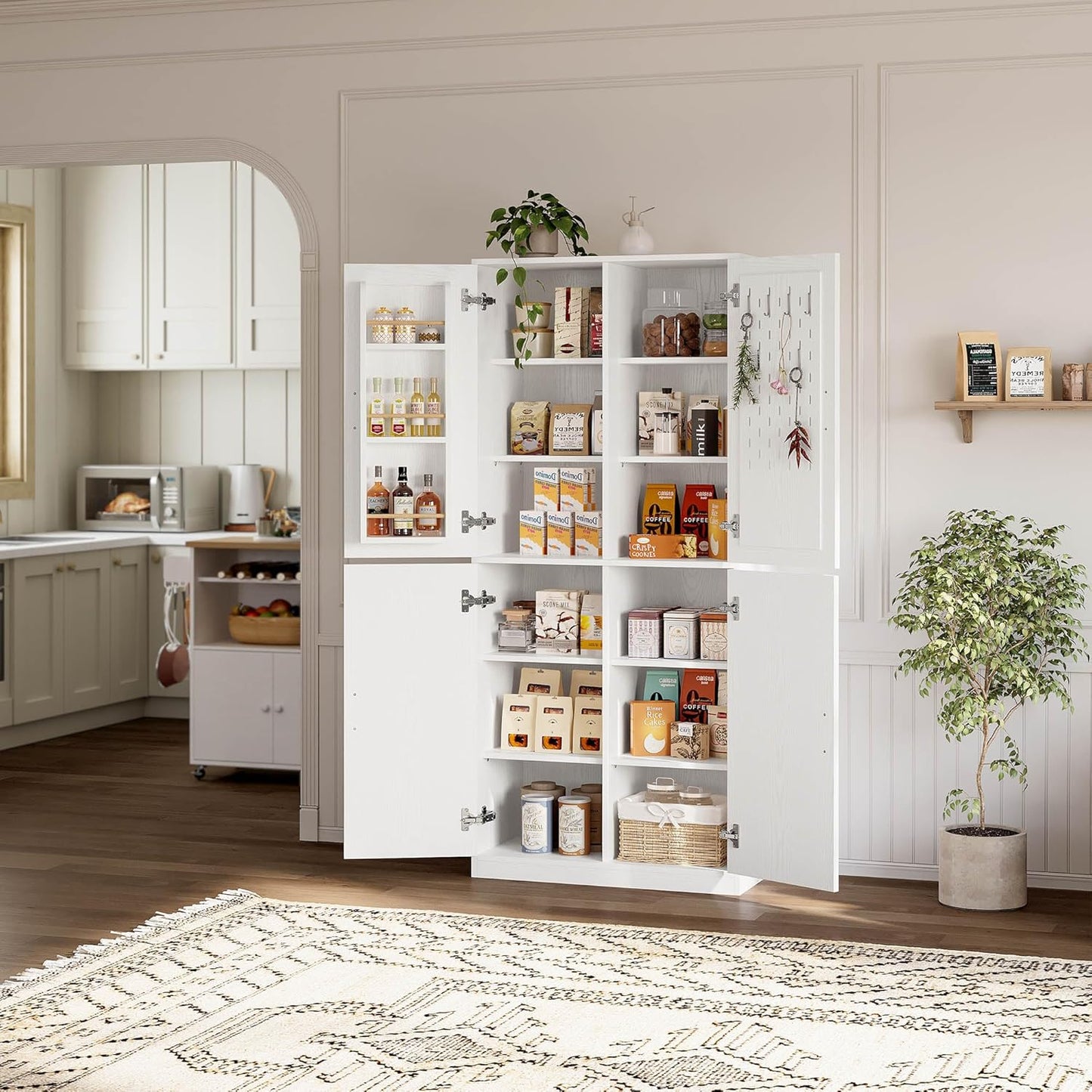 71" Kitchen Pantry Storage Cabinet with Storage Rack, Pegboard Doors, 4 Adjustable Shelves, Food Pantry Cabinet, Freestanding Tall Cupboard for Dining Room, Kitchen, White