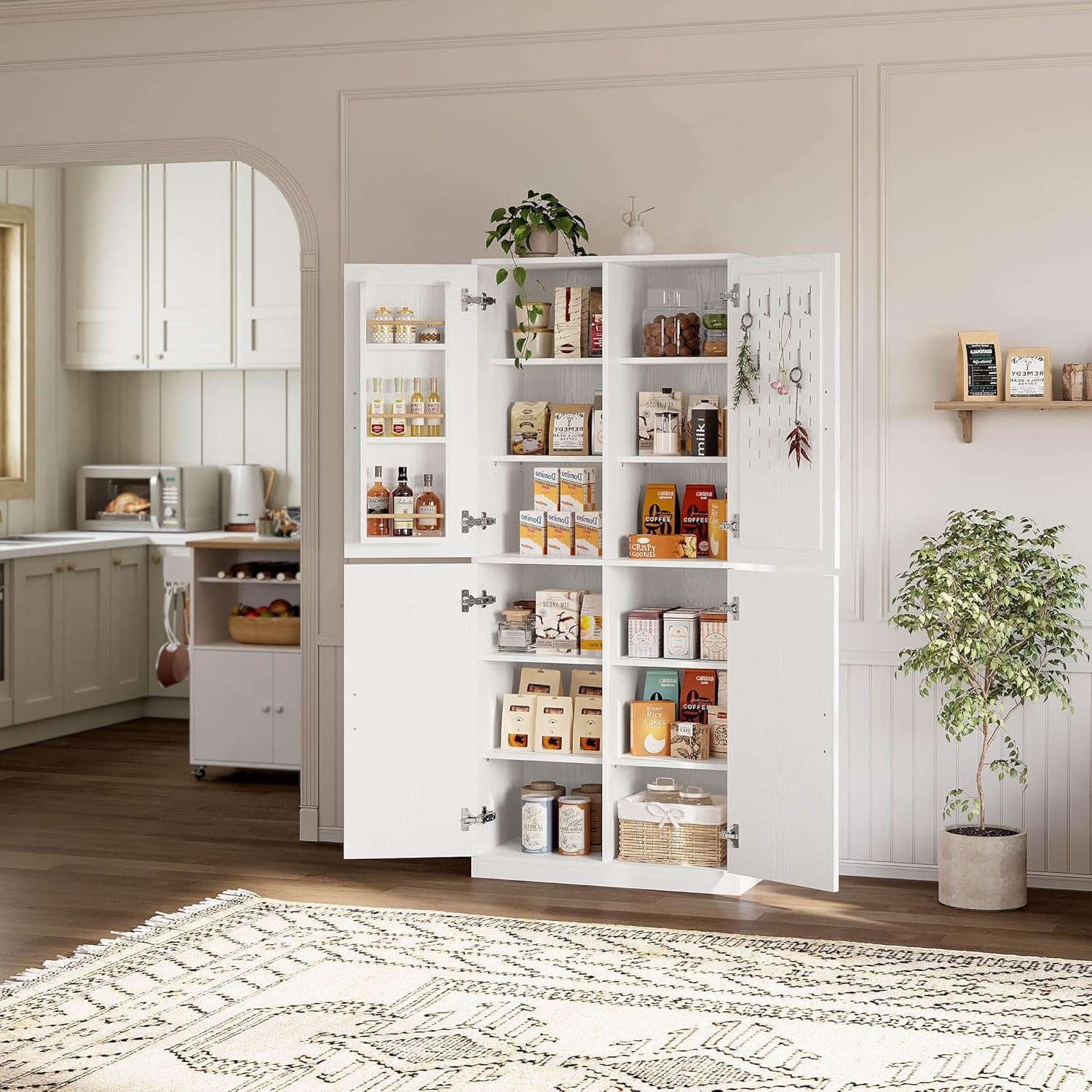 71" Kitchen Pantry Storage Cabinet with Storage Rack, Pegboard Doors, 4 Adjustable Shelves, Food Pantry Cabinet, Freestanding Tall Cupboard for Dining Room, Kitchen, White