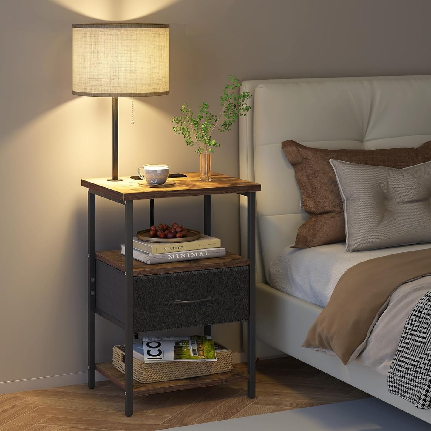 Nightstand with LED Lights Bedside Table with 3 Color Temperatures Bulb, Tall Nightstand with Charging Station End Table with Adjustable Fabric Drawer for Bedroom Dorm