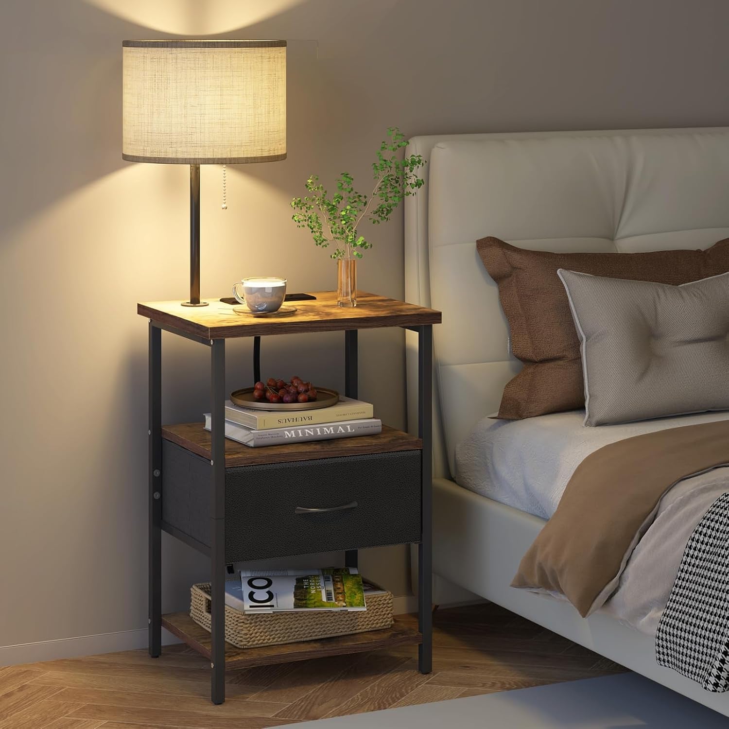Nightstand with LED Lights Bedside Table with 3 Color Temperatures Bulb, Tall Nightstand with Charging Station End Table with Adjustable Fabric Drawer for Bedroom Dorm