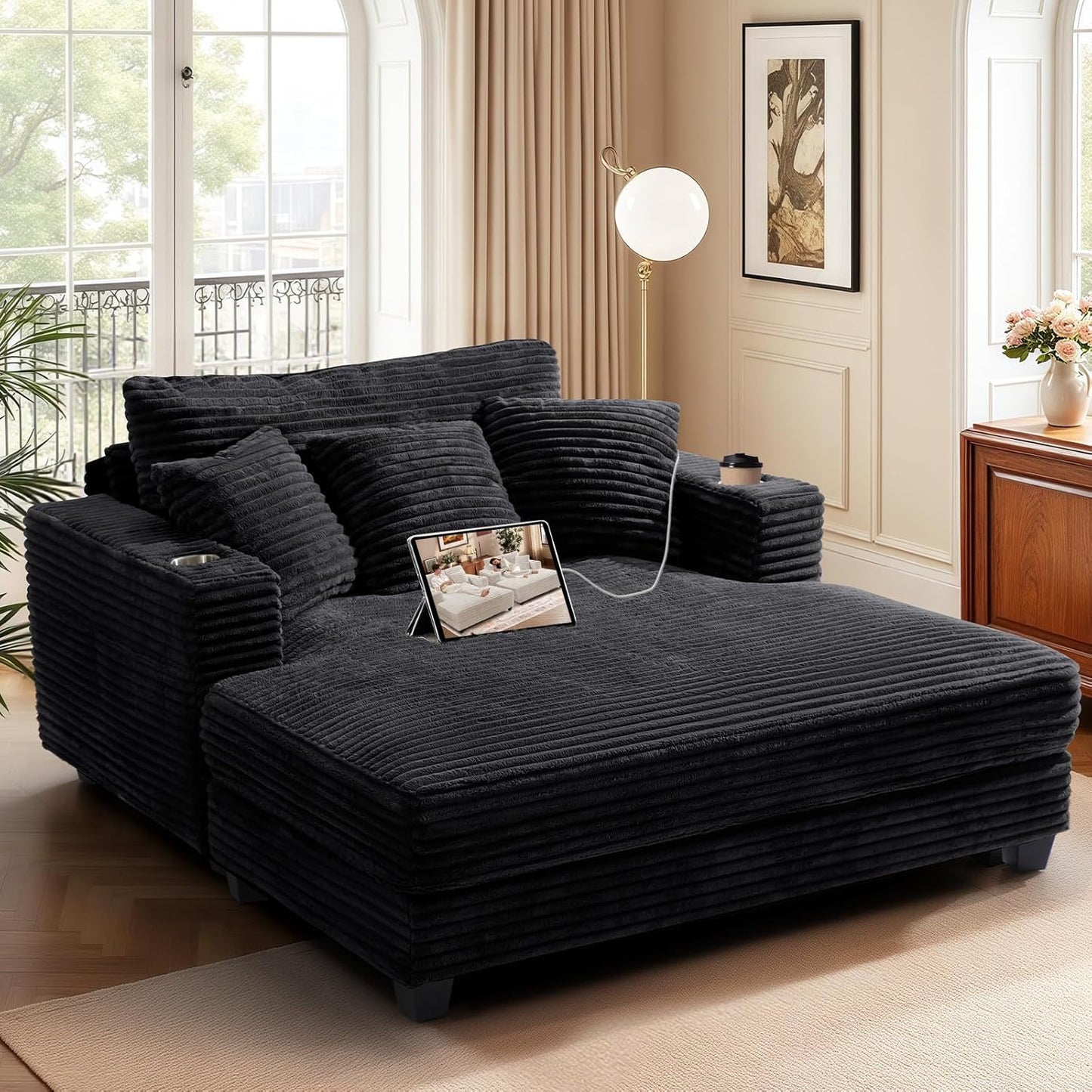 60'' Oversized Chaise Lounge Chair, Upholstered Sofa Bed, Sleeper Couch Reading Chairs with USB Port and Cup Holders,Comfy Cloud Sofas Couches for Living Room,Black