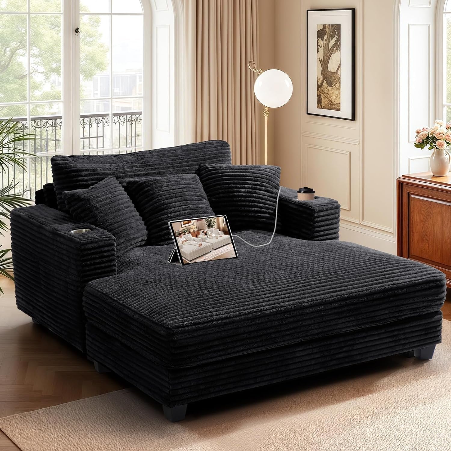 60'' Oversized Chaise Lounge Chair, Upholstered Sofa Bed, Sleeper Couch Reading Chairs with USB Port and Cup Holders,Comfy Cloud Sofas Couches for Living Room,Black