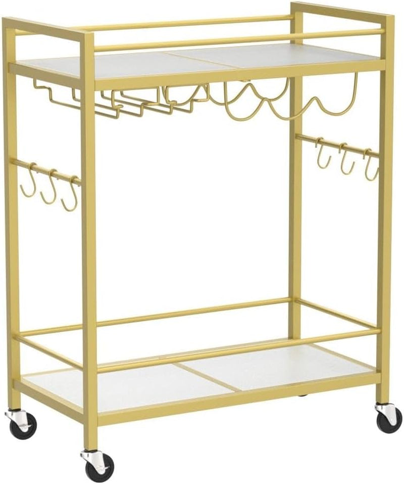 Bar Cart, Serving Cart for Home, Drink Cart, Mobile Kitchen Shelf with Wine Rack and Glass Holder, Rolling Beverage Cart, Gold BC01BB031