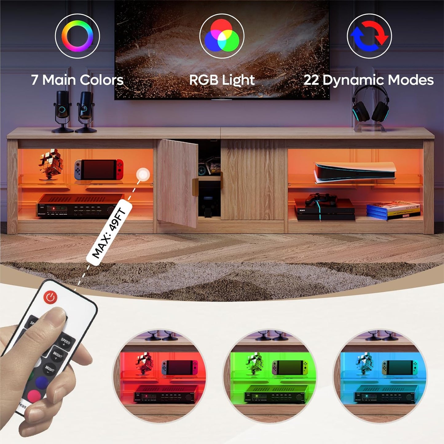 80 Inch TV Stand for 75/85/90 Inch Tvs, LED Entertainment Center with Fluted Storage Cabinet & Adjustable Shelves, Modern Farmhouse Wooden TV Console for Living Room Bedroom, Natual Oak