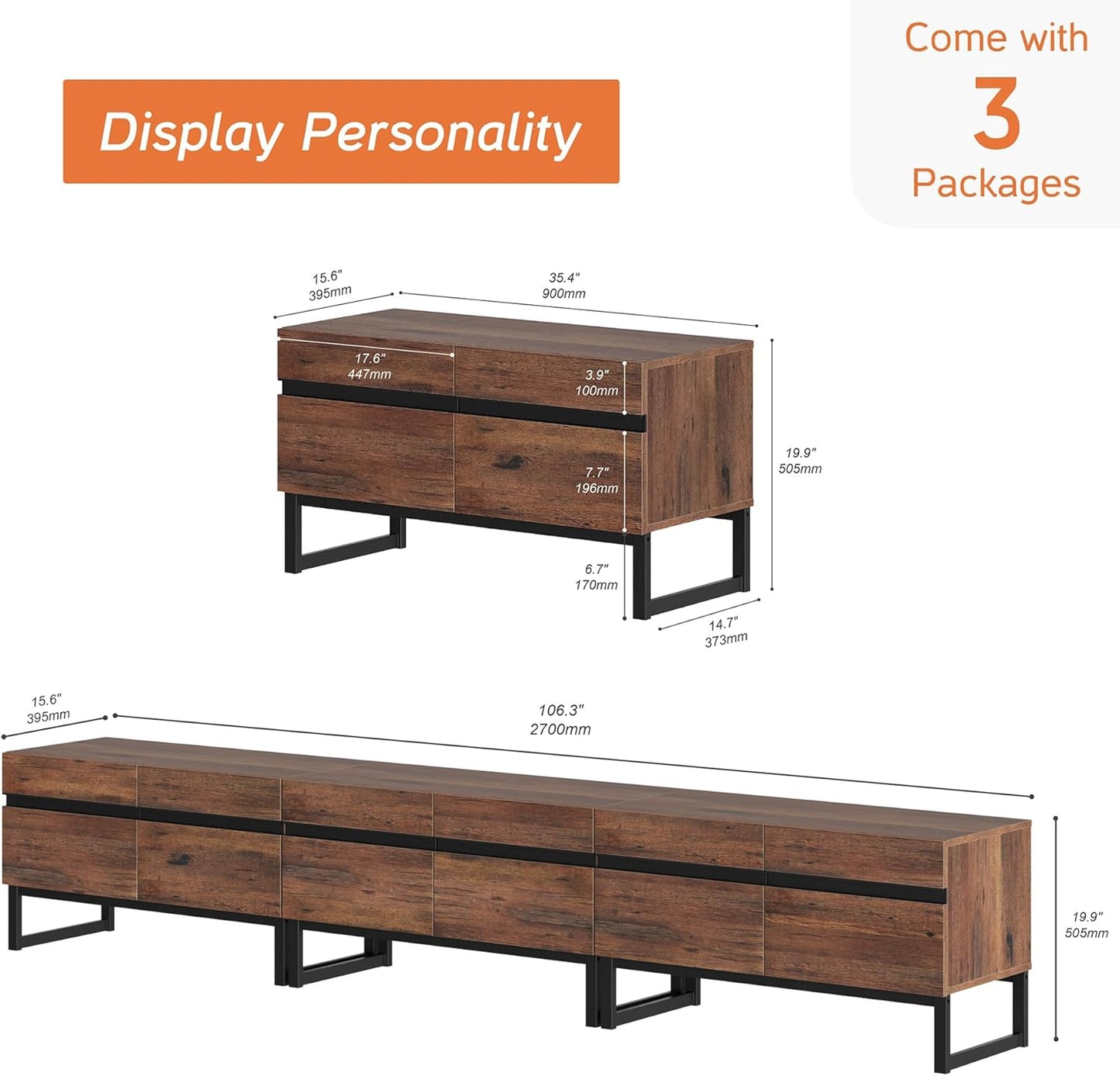 Modern TV Stand with Storage Cabinets for 110 Inch TV, Wood Entertainment Center Media Console Table with Metal Leg for Living Room Bedroom, Brown