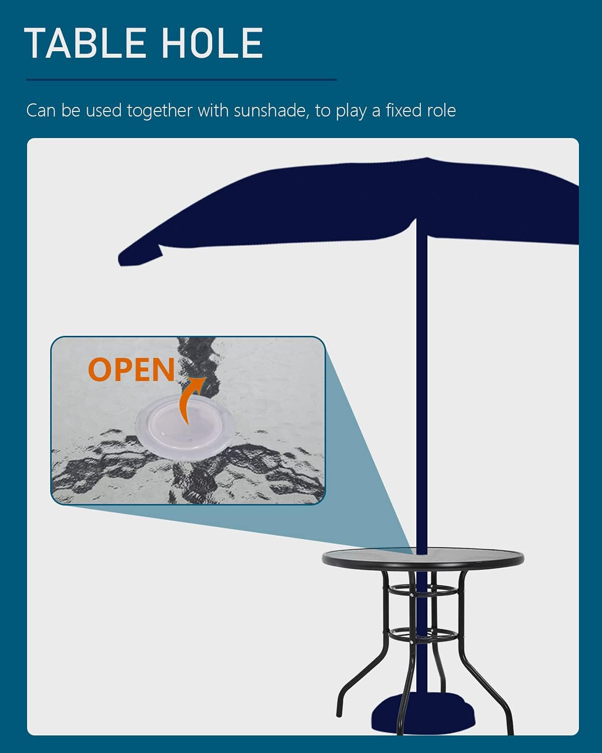 32In Outdoor Table Patio Dining Table Outdoor Dining Table with Umbrella Hole round Tempered Glass for Yard Bistro Lawn Balcony