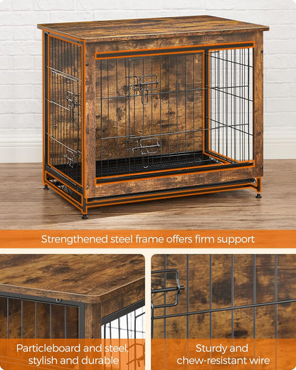 Dog Crate Furniture, 43.3" Side End Table, Modern Kennel for Dogs Indoor up to 80 Lb, Heavy-Duty Dog Cage with Enclosed Base, Double-Door Dog House, Rustic Brown UPFC024X01